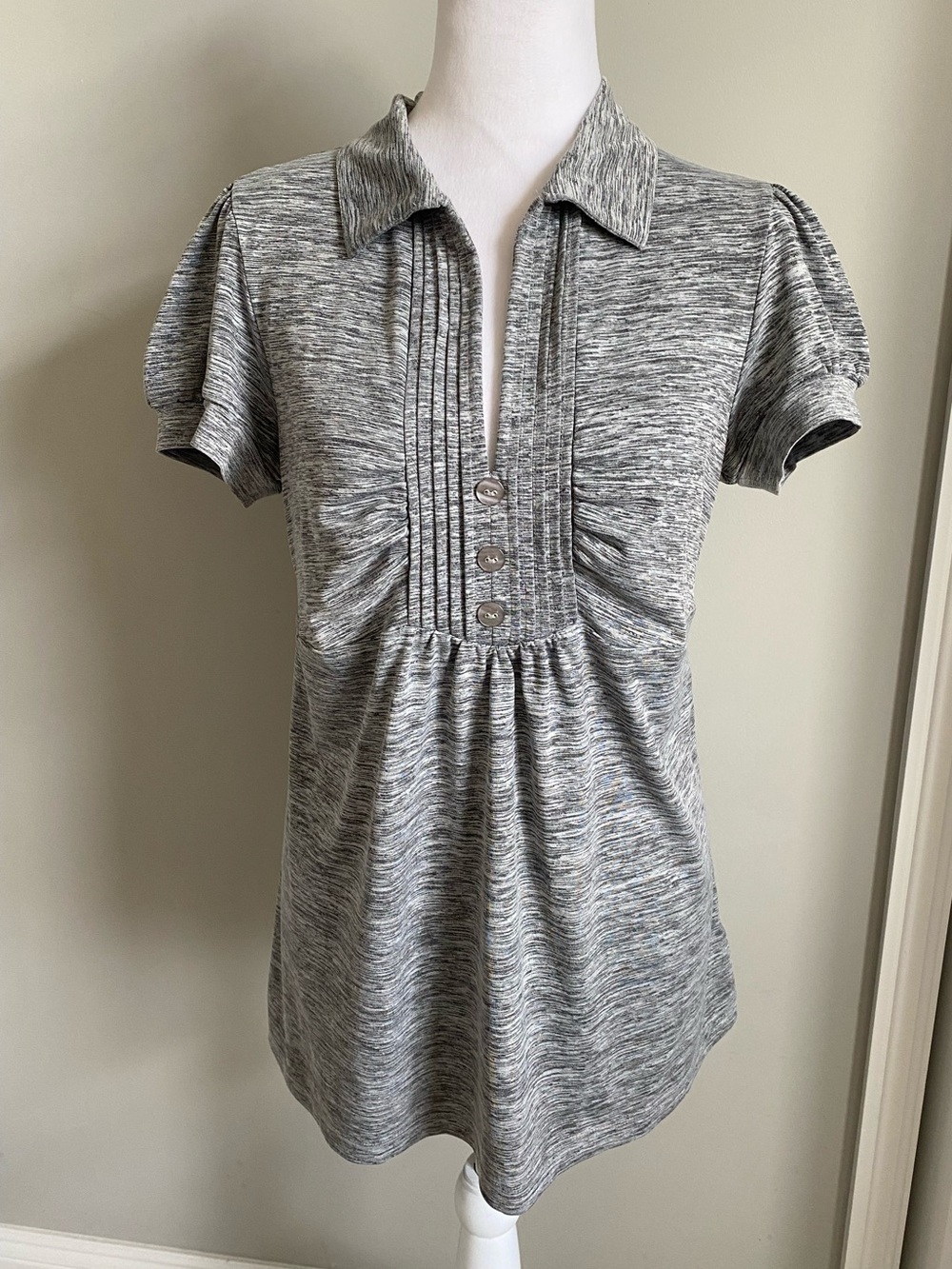 Speechless Gray Marled Polo Tunic with Pintuck Detail